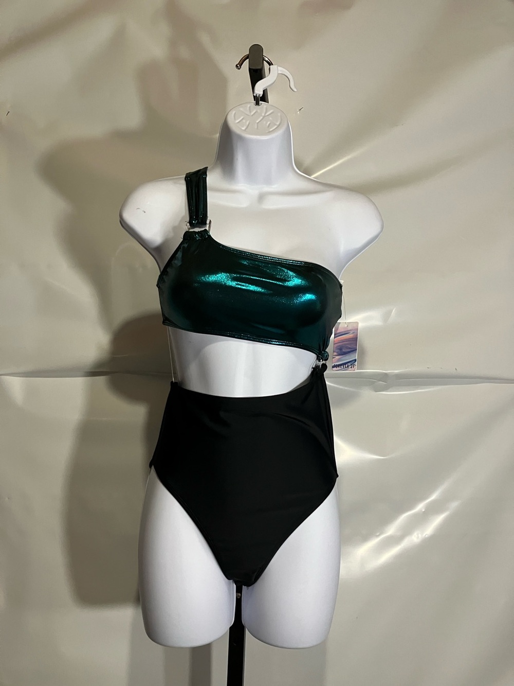 One-Shoulder Emerald Green and Black Women's Cutout Swimsuit Size XS